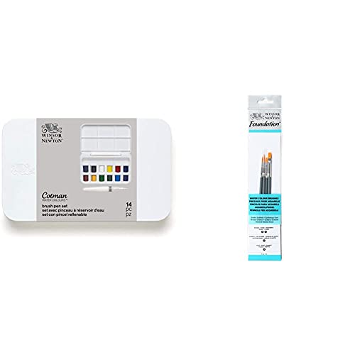 Winsor &Amp; Newton Acuarela Cotman Set De Acuarela Con Pincel Rellenable, 12 Medio Godets, Colores Surtidos + Pinceles De Acuarela, Madera, Multicolor, 7 X 1 X 4.3 Cm, 4 Unidades