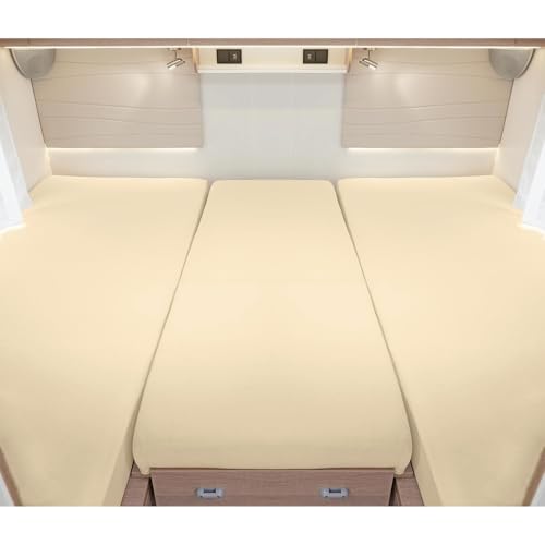 G BETTWARENSHOP – Spannbettlaken für Wohnmobile & Wohnwagen – Spannbetttuch Set 3-teilig für 2 Längsbetten + Mittelteil – Jersey Bettlaken für Heckbetten 2 Längsbetten + Mittelteil, Sahara