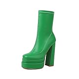 vivianly Women's Platform Mid Calf Boots Square Toe Chunky Heel Ankle Booties with Side Zipper Stretch Short Go Go Boot Size 8 Green