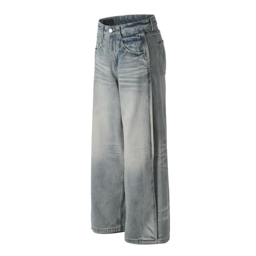 Jeans Pants Trousers Denim Retro Street Trendy Washed Blue Grinding White Loose Commuter Casual Straight Leg Men3