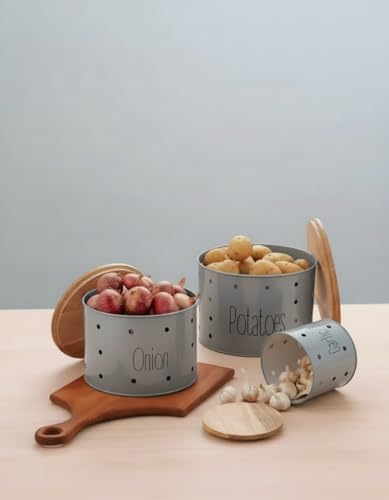 Image of Set of 3 Potato Onion & Garlic Storage Container For Kitchen | Storage Container For Kitchen Storage with Lid. (Grey)