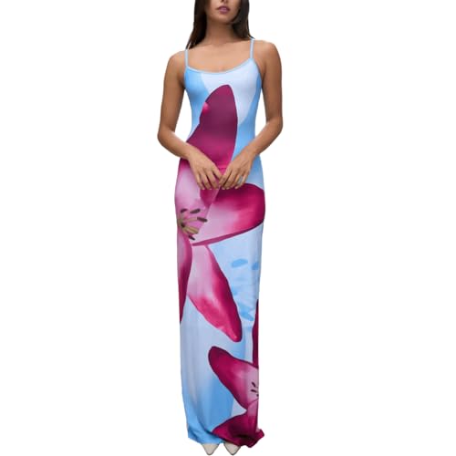Image of Womens Summer Casual Floral Dresses Spaghetti Strap Bodycon Maxi Beach Dress Elegant Evening Party Long Dresses