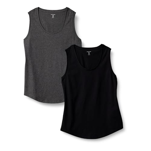Amazon Essentials Damen Regular Fit Ärmelloses Tanktop Aus 100% Baumwolle, 2er-Pack, Dunkelgrau Meliert/Schwarz, L