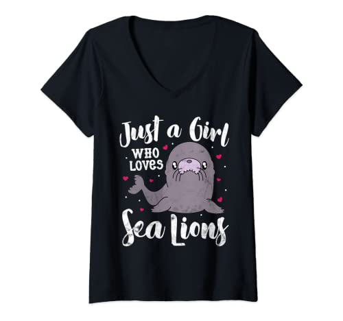 Mujer Just A Girl Who Loves Sea Lions Regalo Mujer Niños Mamá Amante Camiseta Cuello V