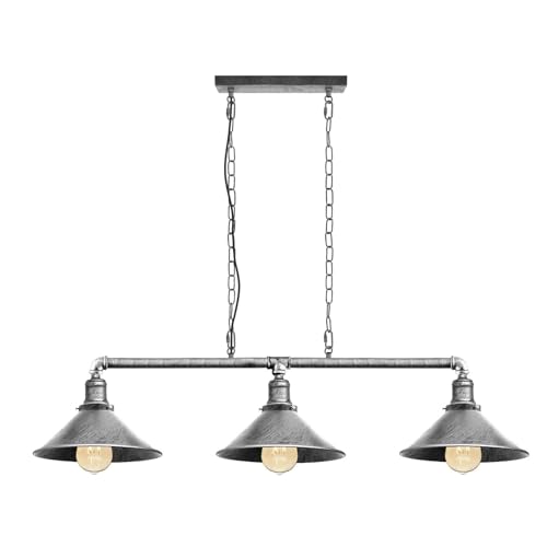 Image of LEDSone 3 Head Pipe Ceiling Pendant Light 102 cm Brushed Silver E27 Cone Metal Lamp Shade Adjustable Chain Steampunk Hanging Fixture for Kitchen Island, Dining Room, Bar, Loft