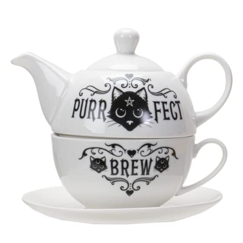 Pacific Giftware Purrfect Brew Tea for One, Gothic Three-Piece Set with Pot, Cup and Saucer, 6.50 Inches x 5.91 Inches x 5.71 Inches