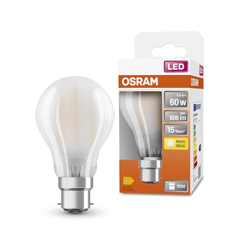 OSRAM Lámpara LED A60 de Star LED de para base B22D, forma de pera, vidrio mate, 806 lúmenes, blanco cálido (2700k), reemplazo de bombillas convencionales de 60 W, no dimmables, 1 paquete