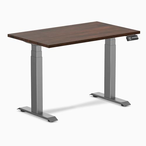Image of Desky Small Electric Standing Desk, 40 x 24 inches Rubberwood Height Adjustable Sit Stand Desk with Dual Motor and Memory Presets, Compact Home Office Workstation - Dark Walnut Wood Top