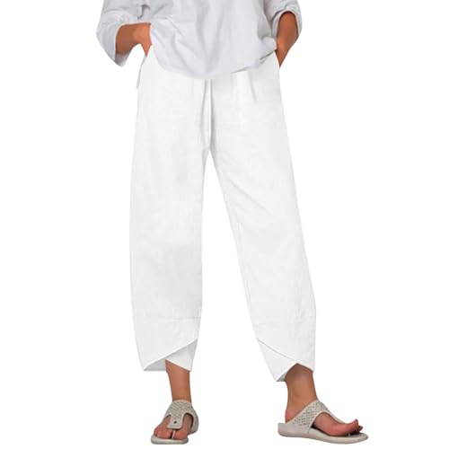 Linen Capri Pants for Women Lightweight High Waisted Wide Leg Lounge Pants Loose Fit Tulip Hem Trousers with Pockets