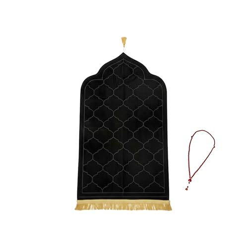 TapBuy Gebetsteppich Muslim Sajadah Seccade & Namazlik | dick gepolstert mit Tasbih Gebetskette rutschfest & weich | 110 x 65 cm | für Zuhause Reisen & Moschee | Ramadan Geschenk | Schwarz