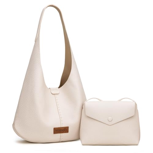 Wrangler Hobo Bag Purse for Women 2PCS/Set, Slouchy Shoulder Handbags with Small Crossbody Bag Soft Vegan Leather Casual Travel Purse Beige AR-WG230-3025BG