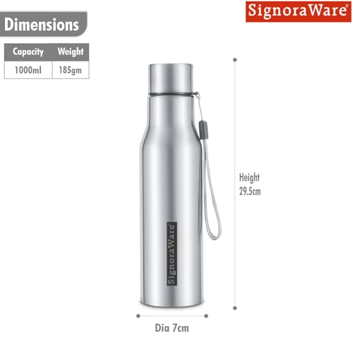 SIGNORA WARE Blaze Stainless steel Water Bottle | Reusable | Dishwasher Safe | Wide Mouth | Freezer safe | Ideal for Office Use | Great for Camping | Sports & Outdoor Activities ( 1 Ltr | Steel )