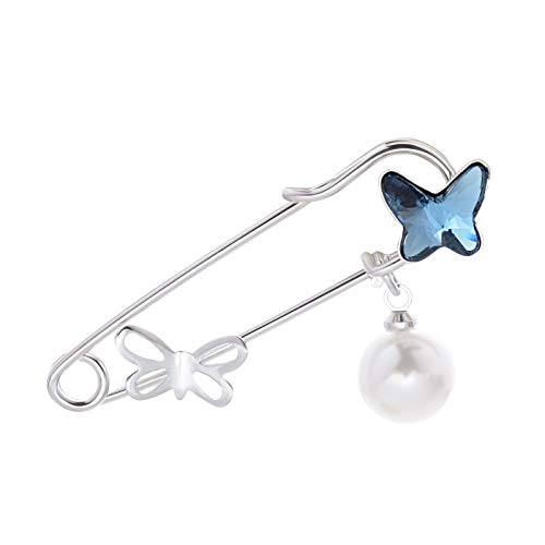 YYBONNIE Cute Crystal Butterfly Mini Safety Pin Brooch with Pearl Pendant Cardigan Hat Scarf Suit Sweater Pins Broach Charm (Silver-Blue)