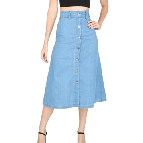 Image of Straight Stylish Comfortable Long Two Button Up Slit Dobby Denim Skirt for Women & Girls