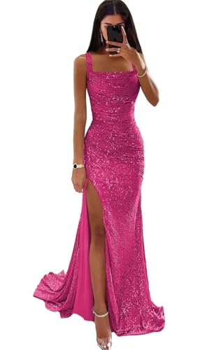 YYXRyyH Sequin Mermaid Prom Dress Long with Slit Hot Pink Square Neck Spaghetti Straps Formal...