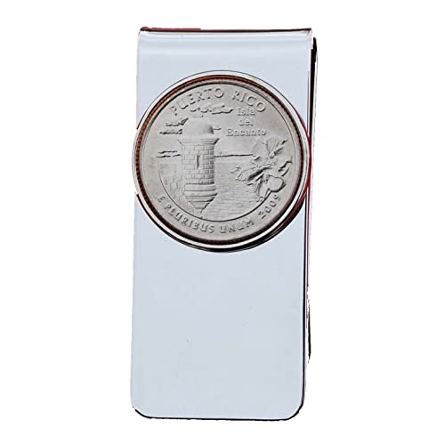 US 2009 D.C. & U.S. Territories Puerto Rico Quarter BU Uncirculated Coin Solid Brass Silver Tone Money Clip New - High Quality