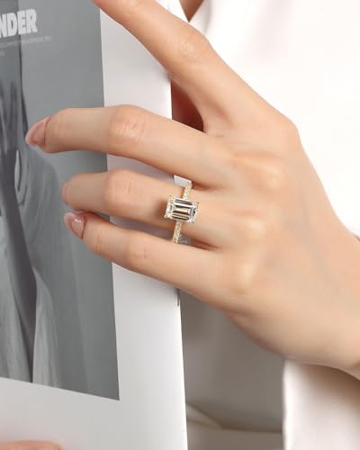 3.5CT Elongated Emerald Cut Engagement Rings for Women, 925 Sterling Silver 18K Yellow Gold Plated Ring, Simulated Diamond Promise Ring4