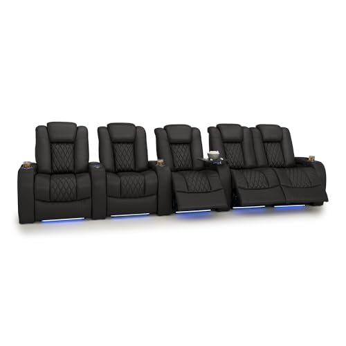 Image of Seatcraft Diamante Black Italian Leather Home Theater Seating, Zero Gravity Power Recliner Gaming and Home Office Chair, Powered Headrest Lounge Sofa Furniture Cinema Room, Row of 5 Right Loveseats