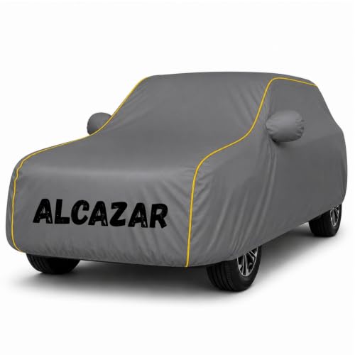 Image of Premium Waterproof Car Cover for Alcazar | Soft Cotton Lining Heavy Duty Triple Stitched Heat Resistant Outdoor Cover Comes with Mirror and Antenna Pocket Full Bottom Elastic (Zig Zag Grey)