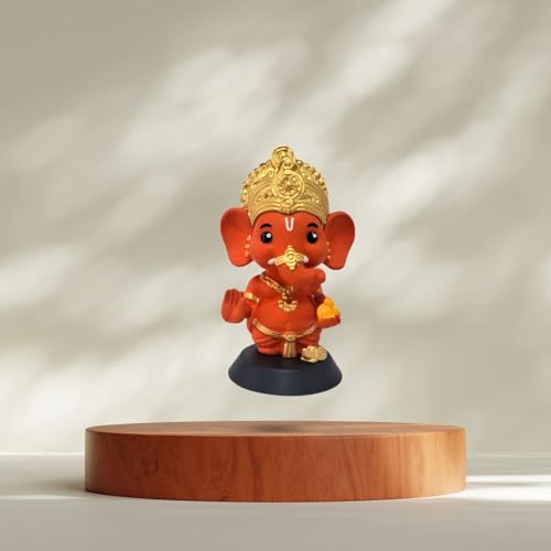 Image of Ganesha Idol for Home Decor, Ganpati for Car Dashboard Unique God Idol for Puja, Ganesh Ji Murti for Temple Office Desk Small Statue Washable PVC and ABS Material (1, Ganesh Ji Kesari Tone)