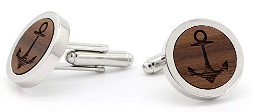 NaturSchatulle Manschettenknöpfe Herren Holz Gravur Anker I 1 Paar Silber Manschettenknopf Rund Hochzeit Anzug Männer Cufflinks for Men