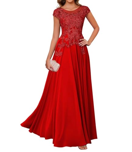 ALEESHUO Chiffon Mother of The Bride Dresses with Cap Sleeve Lace Applique Long Formal Dress for Wedding FLPW345