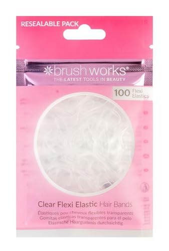 Brushworks Flexi Elastic Hair Bands 100-Pack Clear Stretch Hair Ties Strong Hold Thin Rubber Bands for Women Girls Men Kids Braids & All Hair Styles Reusable Resealable Vegan & Cruelty-Free