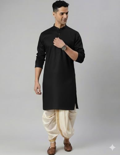 Image of Men Cotton Kurta & Silk Dhoti | Ethnic Wear for Weddings, Festivals & Celebrations (Pack of 1)