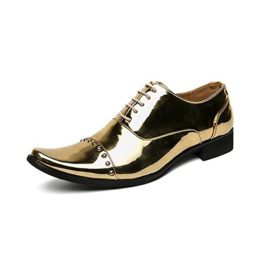 HOOENG Oxford Shoes for Men Lace Up Shiny Faux Leather Cap Toe Block Heel Anti-Slip Rubber Sole Non Slip Resistant Prom