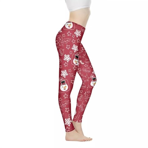 Biyejit Red Christmas Leggings for Women, Soft High Waisted Tummy Control Workout Yoga Pants, Snowman Snowflake
