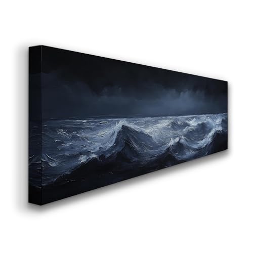 Tableau sur toile vagues océaniques avec cadre intérieur bois 50x150
