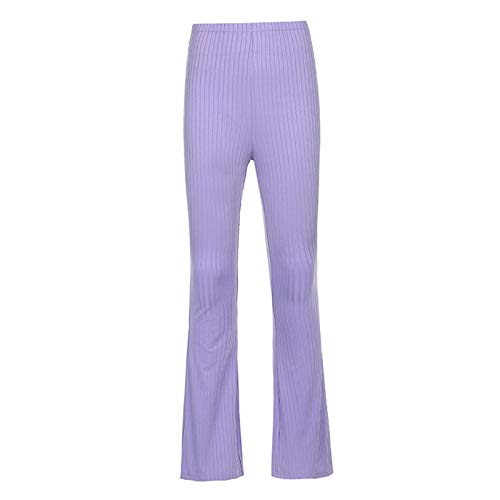 FEESHOW Women E-Girl High Waist Ribbed Y2K Pants Flared Leg Pants Solid Color Skinny Pants