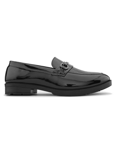 Image of STANPHORD Men Glossy Horsebit Loafer Shoes | Shiny PU Slip-On Moccasins | Cushioned Anti-Slip | Office Formal Party Business Wear(TPSL 25013)