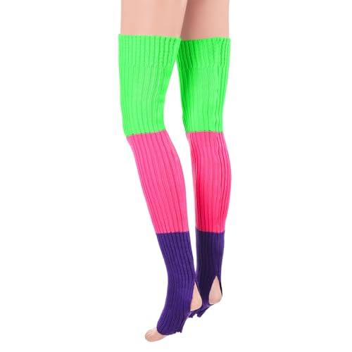Littleforbig Thigh High Bright Color Blocked Novelty Knit Stacked Extra Long Over The Knee Knitted Stirrup Stockings - Green & Red & Purple4