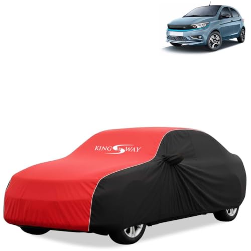 Image of KINGSWAY Super Waterproof Car Cover Only with Tata Tiago EV (Year 2023 Onwards - All Model) | Mirror and Antenna Pockets | All Weather Car Body Cover with Silver Piping | Black Red