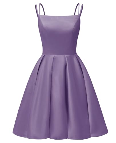 Image of Tianzhihe Satin Homecoming Dresses for Teens 2026 Spaghetti Straps A-line Square Neck Short Cocktail Party Dress with Pockets