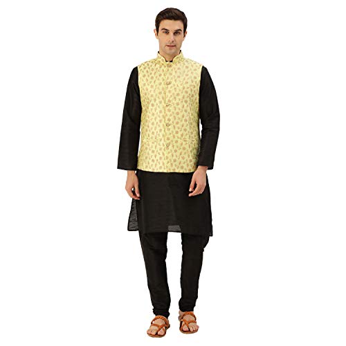 Image of SOJANYA (Since 1958 Men's Cotton Linen Maroon Kurta and White Pyjama with Mustard Cotton Nehru Jacket