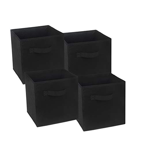 4-Cube Sturdy Storage Container, Zonyon Foldable Linen Fabric Cube Basket,Storage Bin Box,Nursery Hamper with Handle for Women, Men, Kids, Toys, Bookshelf, Closet, Office, 11''X11''11'', Black