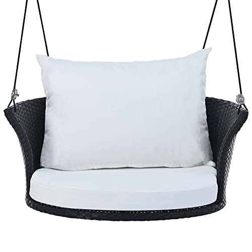 Outdoor Patio Wicker Porch Swings, 33.8" Wide Single Person Hanging Chair With Black Woven Rattan And White Cushions #TOP3