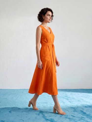 Image of PURVAJA Women's Fit & Flared Midi Length Sleeveless V-Neck Solid Dress
