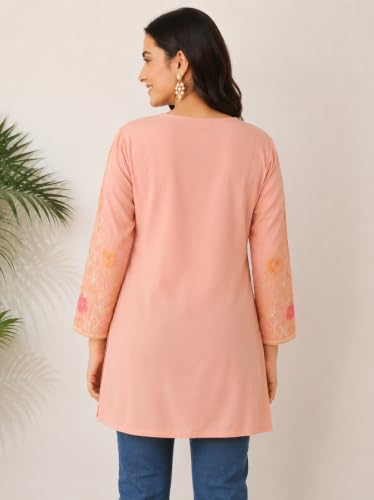 Image of HAUTEMODA Women Cotton Floral Embroidered Short Kurti, Tunic, Three-Fourth Sleeves, White