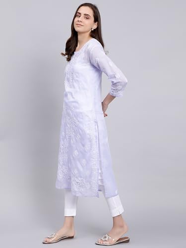 Image of Seva Chikan Hand Embroidered Lucknowi Chikankari Terivoil Cotton Regular Fit Straight Kurta for Women SCL4351