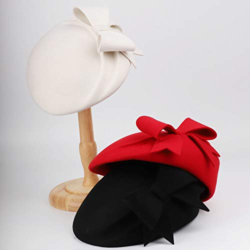 F Fadves French Berets Caps Bowknot For Women Wool Beret Winter Cap Vintage Fascinator Hats Black thumb #6