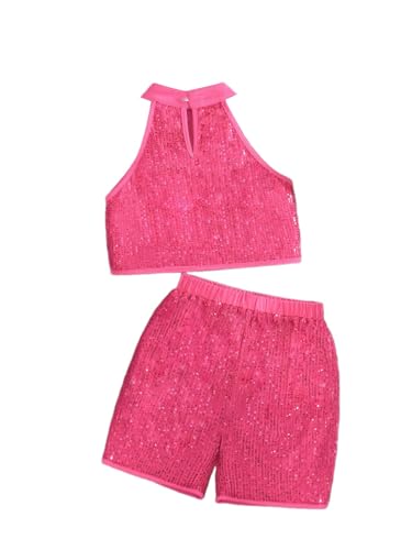 Image of OYOANGLE Girl's 2 Piece Outfit Sequin Sparkle Halter Neck Tank Top and Shorts Set