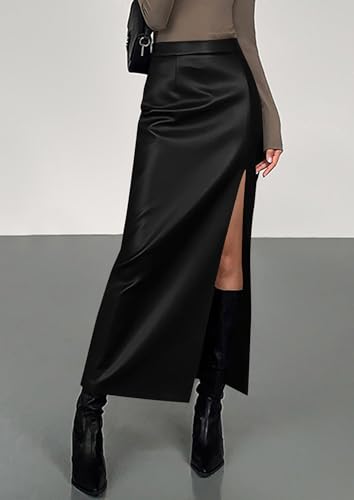 PRETTYGARDEN Womens Faux Leather Skirts 2025 Fall Fashion Bodycon High Waisted Slit Work Office Winter Maxi Long Pencil Skirt