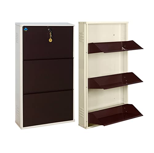 Image of DELITE KOM 20 Inch Wide, 3 Shelf Metal Shoe Rack Wall Mounted for Home with Central Lock | Holds Upto 8 Shoes or 12 Slippers Pair | 1 Year Warranty | (41 x 20 x 5, Ivory Coffee) | DIY | Space Saving