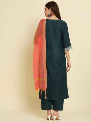 Image of VredeVogel Women's Cotton Blend Kurta Pant Set with Chanderi Silk Dupatta