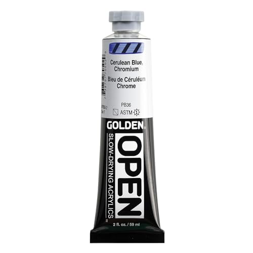 GOLDEN OPEN Slow-Drying Acrylics, Cerulean Blue Chromium, 2 fl oz. tube, Professional Acrylic Paint, Semi-Transparent