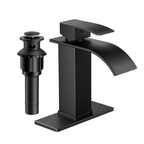 FORIOUS Schwarzer Badezimmer-Wasserhahn, Wasserfall-Badezimmer-Waschbeckenarmatur, 1 oder 3 Löcher, mit Deckplatte und Pop-Up-Ablauf, Einhebel-Waschraum-Waschtischarmatur, Mattschwarz