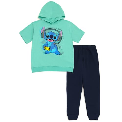 Disney Lilo & Stitch Little Boys Hooded T-Shirt and Fleece Jogger Pants Outfit Set Soft Green/Navy Blue Stitch 5